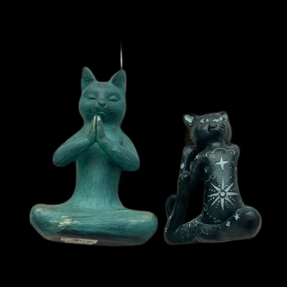 World Market Tranquil Yoga cat and  and celestial cats lot resin black and blue